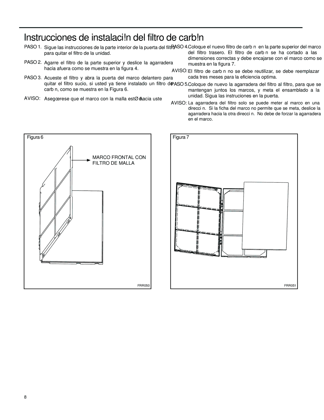 Friedrich ES12M33, SS14M10, SS12M30, SS15M30, SS10M10, SS12M10 Instrucciones DE Instalación DEL Filtro DE Carbón, Paso Aviso 