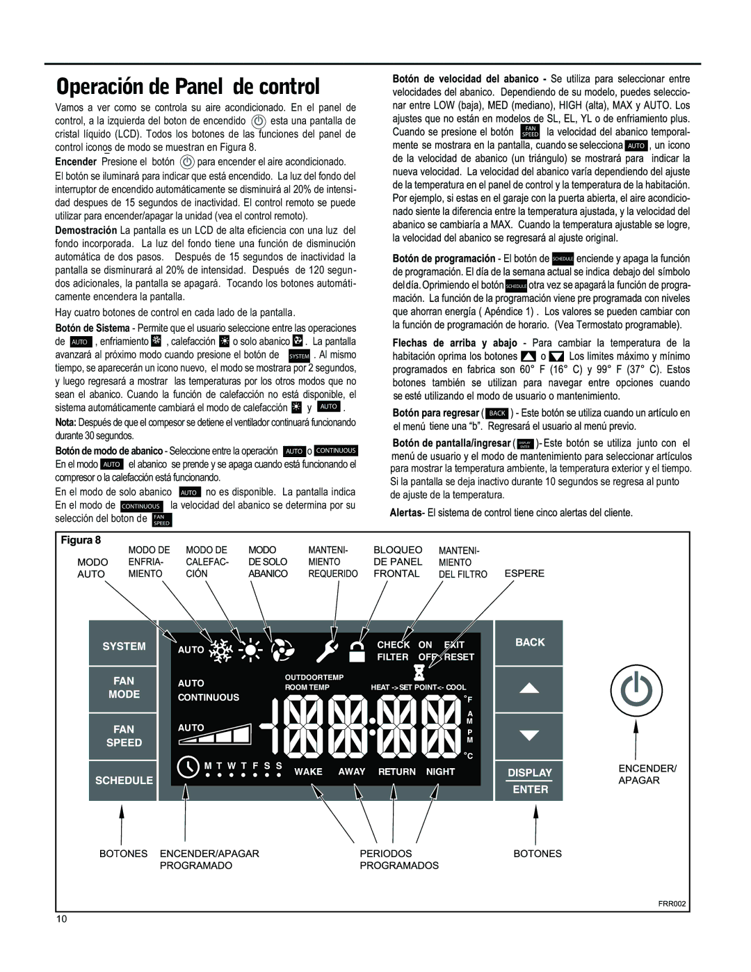 Friedrich YS10M10, SS14M10, SS12M30, SS15M30, SS10M10, SS12M10, SS08M10, SL28M30, SM24M30, SL36M30 Operación de Panel de control 