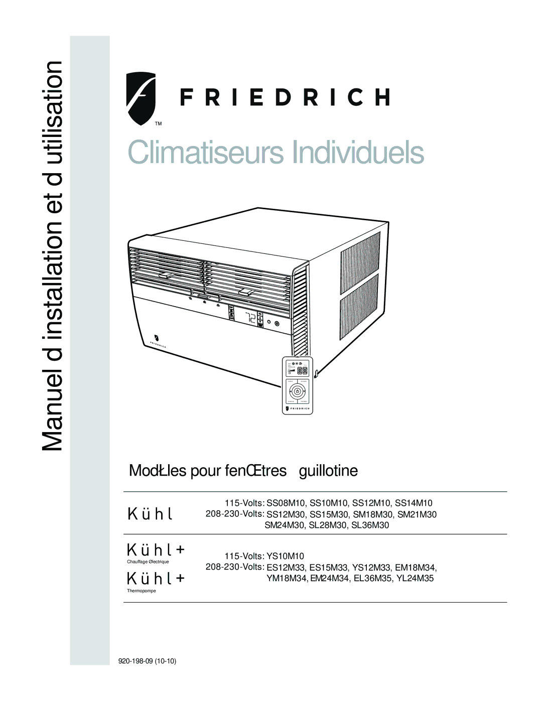 Friedrich SS08M10, SS14M10, SS12M30, SS15M30, SS10M10, SS12M10 Climatiseurs Individuels, Modèles pour fenêtres à guillotine 