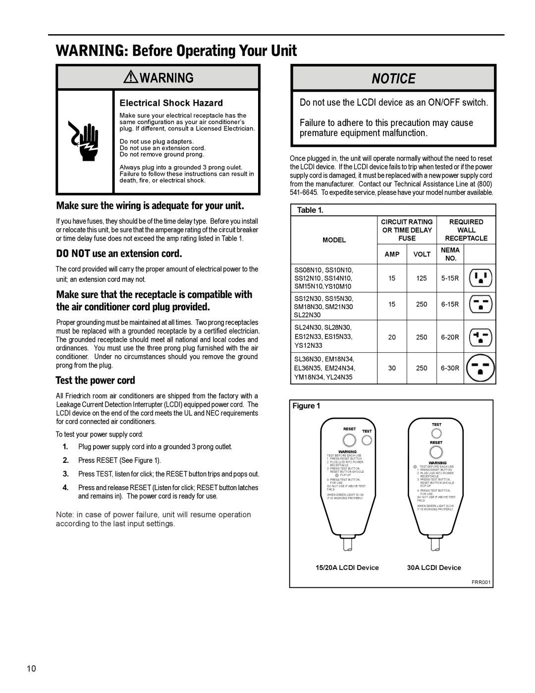 Friedrich SS12N10*, SS14N10*, SS15N30*, SS10N10*, SM18N30* service manual Electrical Shock Hazard 