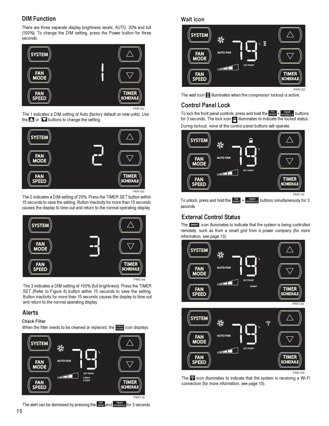 Friedrich SS12N10*, SS14N10*, SS15N30* DIM Function, Alerts, Control Panel Lock, External Control Status, Wait Icon 