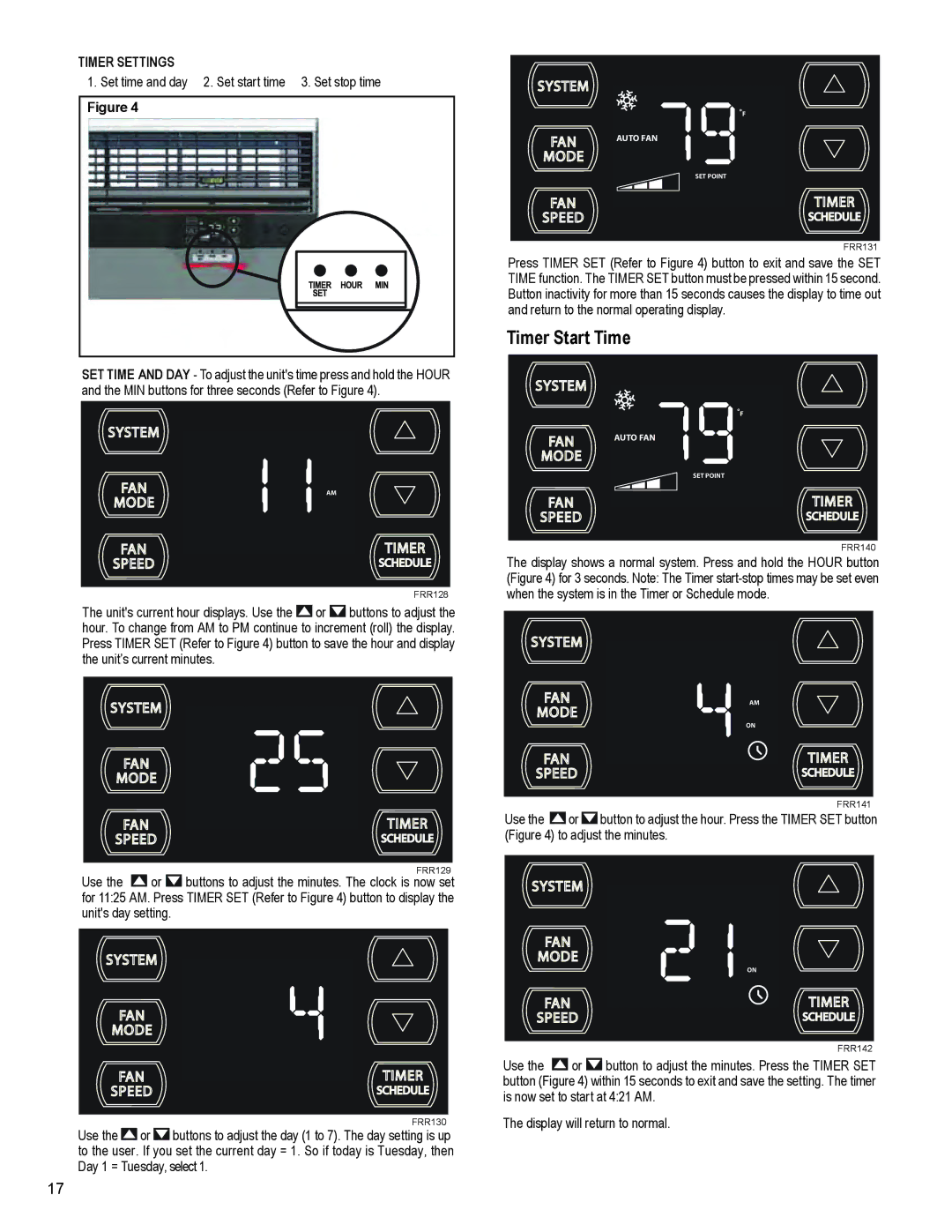 Friedrich SS10N10*, SS14N10*, SS12N10*, SS15N30*, SM18N30* service manual Timer Start Time, Timer Settings 