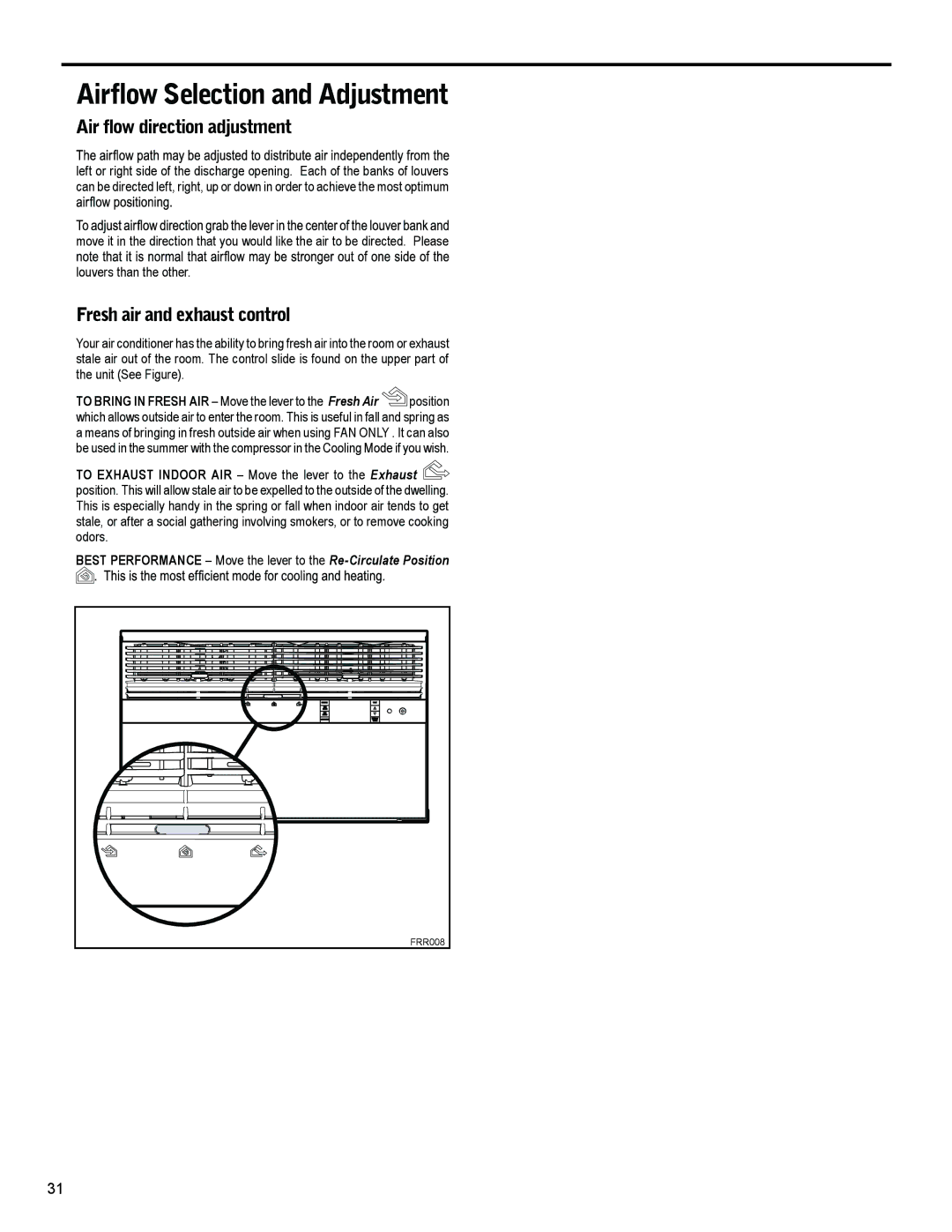 Friedrich SS15N30*, SS14N10*, SS12N10*, SS10N10*, SM18N30* Air flow direction adjustment, Fresh air and exhaust control 