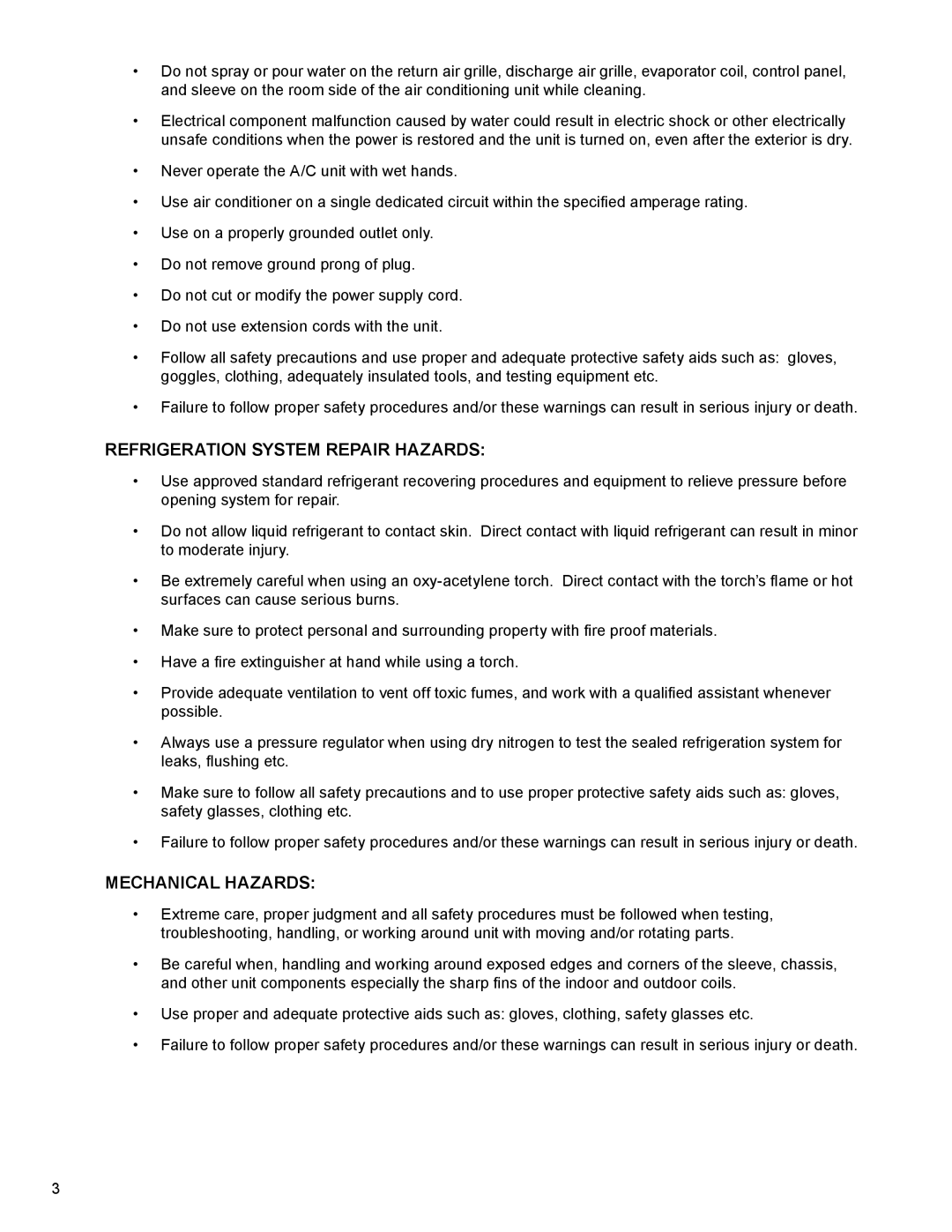 Friedrich SM18N30*, SS14N10*, SS12N10*, SS15N30*, SS10N10* service manual Refrigeration System Repair Hazards 