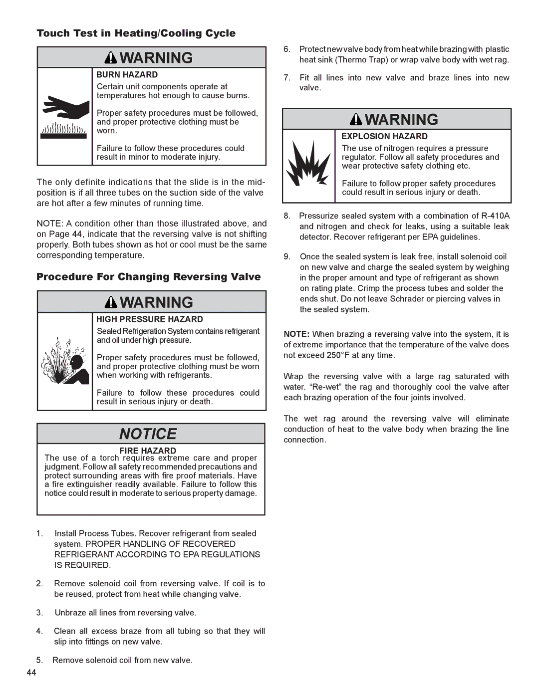 Friedrich SS14N10*, SS12N10* Touch Test in Heating/Cooling Cycle, Procedure For Changing Reversing Valve, Explosion Hazard 