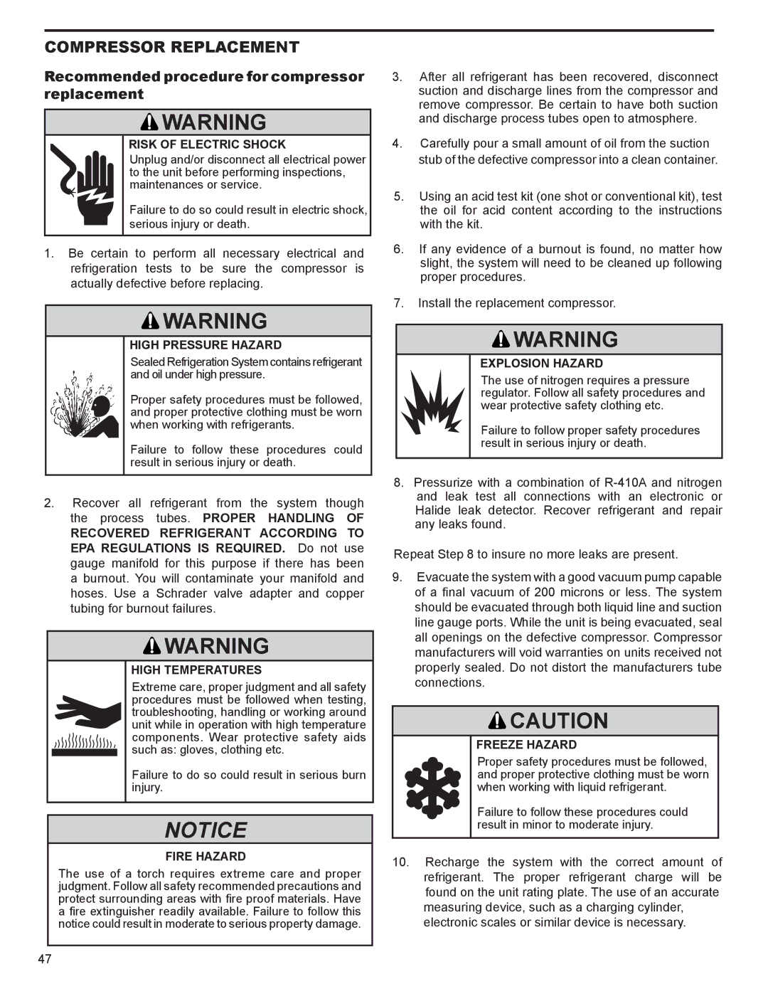 Friedrich SS10N10*, SS14N10*, SS12N10*, SS15N30* Recommended procedure for compressor replacement, High Temperatures 