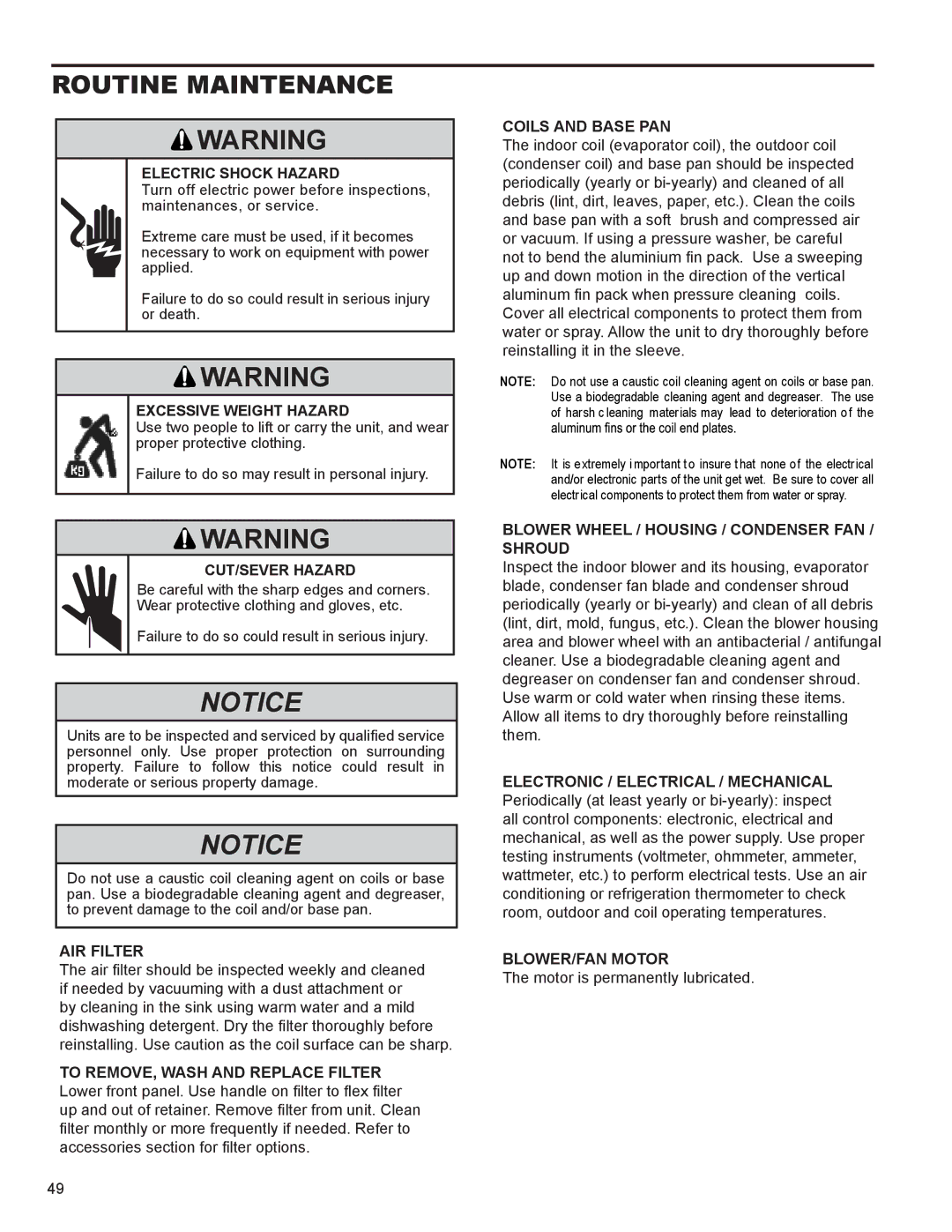 Friedrich SS14N10*, SS12N10*, SS15N30*, SS10N10*, SM18N30* service manual Routine Maintenance 