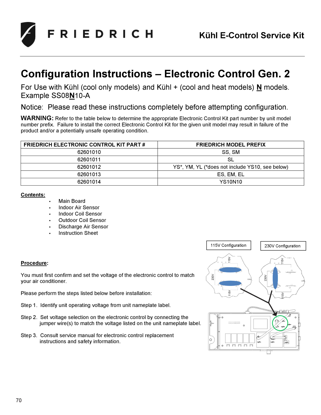 Friedrich SS12N10*, SS14N10*, SS15N30* Friedrich Electronic Control KIT Friedrich Model Prefix, Contents, Procedure 