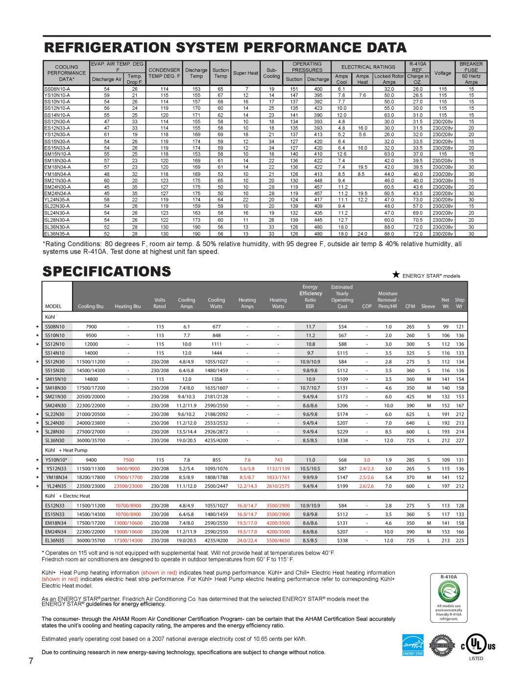 Friedrich SS10N10*, SS14N10*, SS12N10*, SS15N30*, SM18N30* service manual Refrigeration System Performance Data, Specifications 