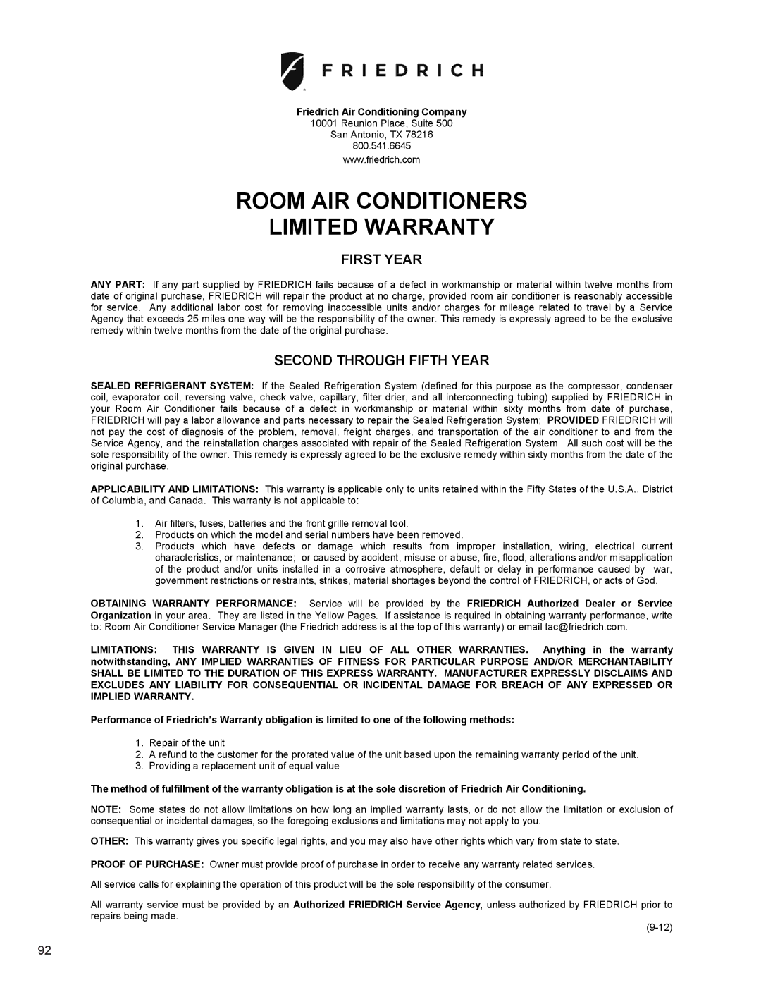 Friedrich SS10N10*, SS14N10*, SS12N10*, SS15N30*, SM18N30* service manual Room AIR Conditioners Limited Warranty 