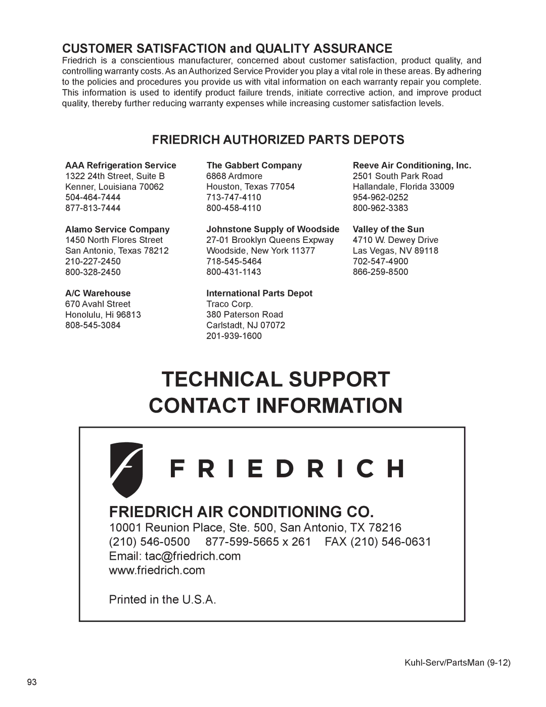 Friedrich SM18N30*, SS14N10*, SS12N10*, SS15N30* Customer Satisfaction and Quality Assurance, AAA Refrigeration Service 