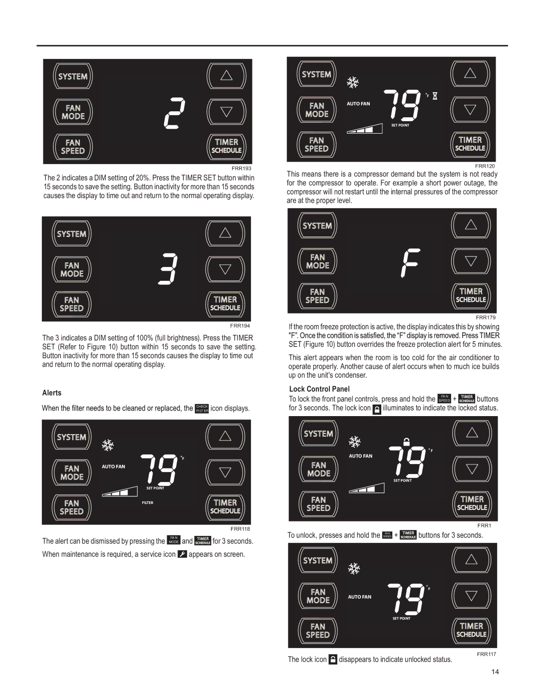 Friedrich YS10, SS15, SL 24, SM15, SL 22 operation manual Alerts, Lock Control Panel 