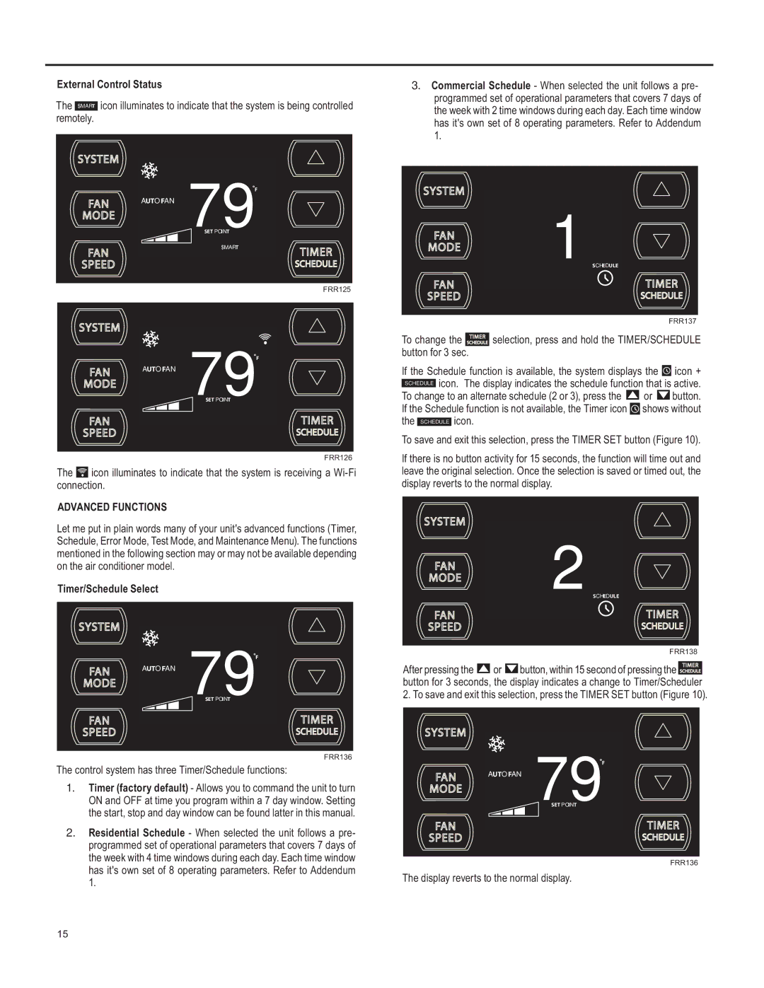 Friedrich SS15, SL 24, SM15, SL 22 External Control Status, Advanced Functions, Timer/Schedule Select, Timer factory default 