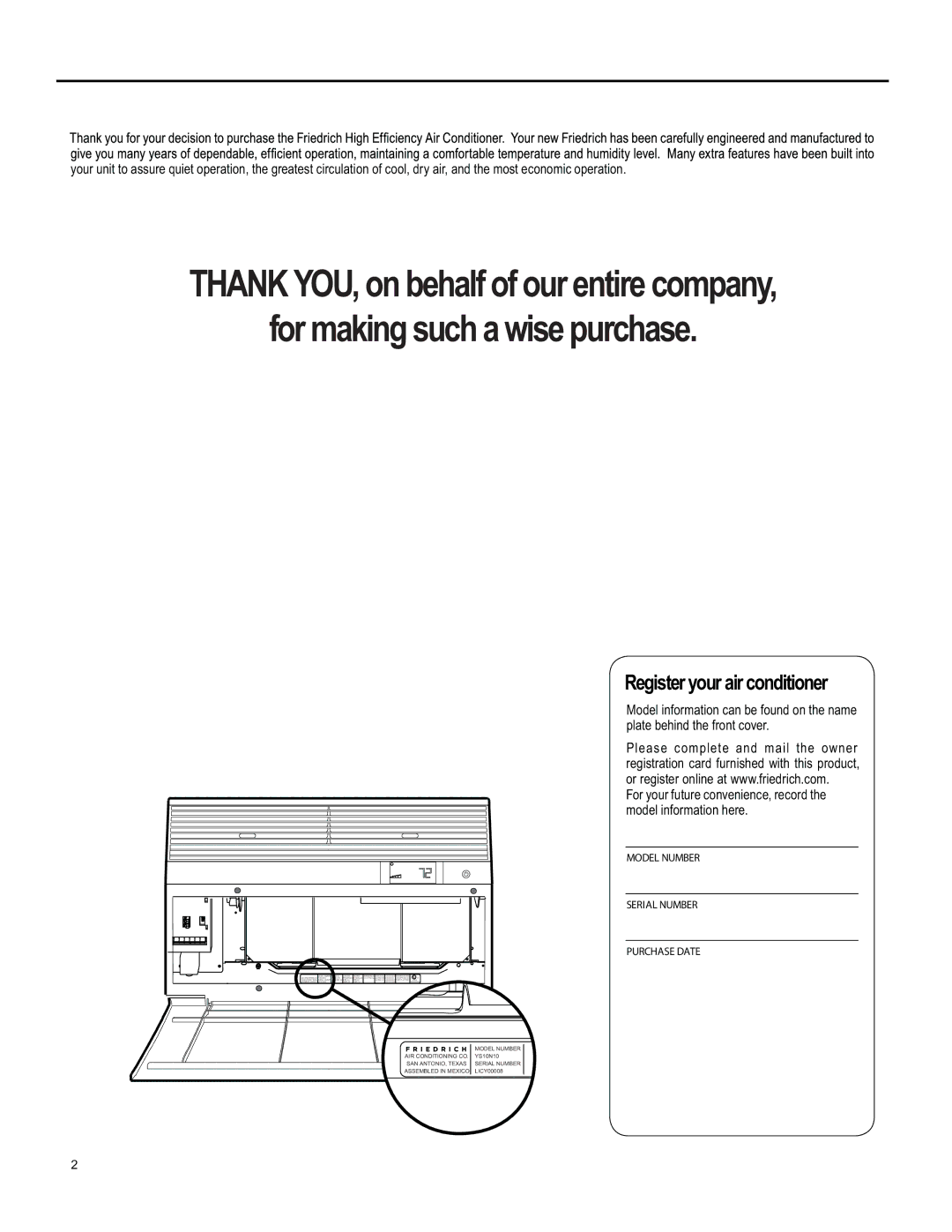 Friedrich SM15, SS15, SL 24, SL 22, YS10 operation manual Register your air conditioner 