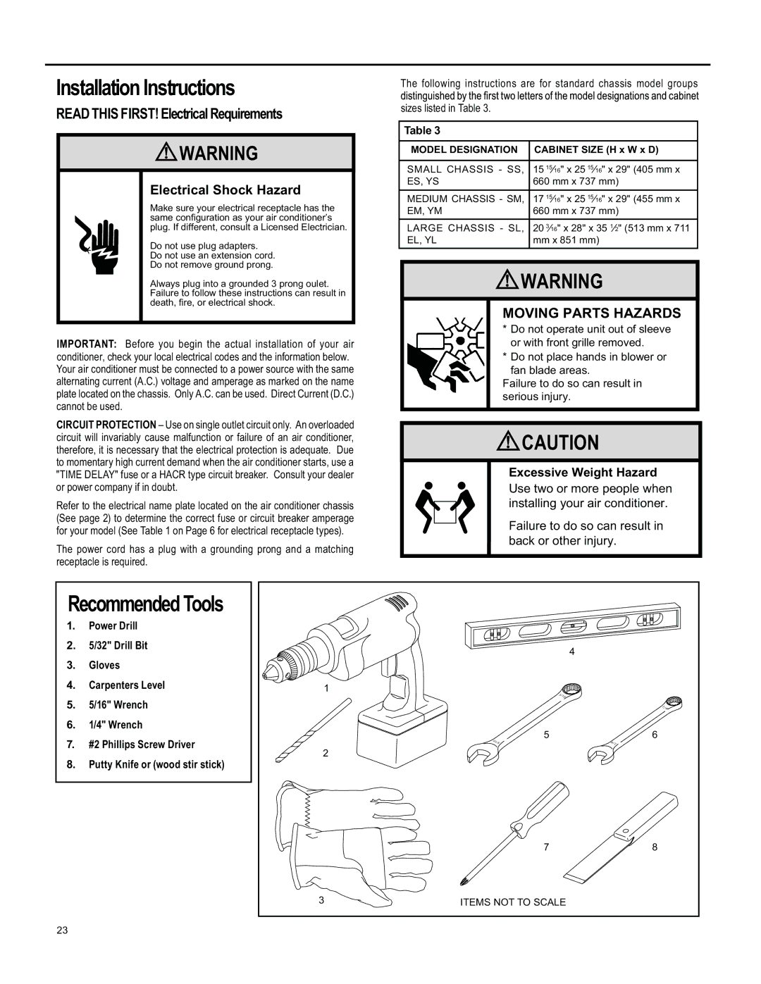 Friedrich SL 22, SS15, SL 24, SM15 Installation Instructions, Recommended Tools, Read this FIRST! Electrical Requirements 