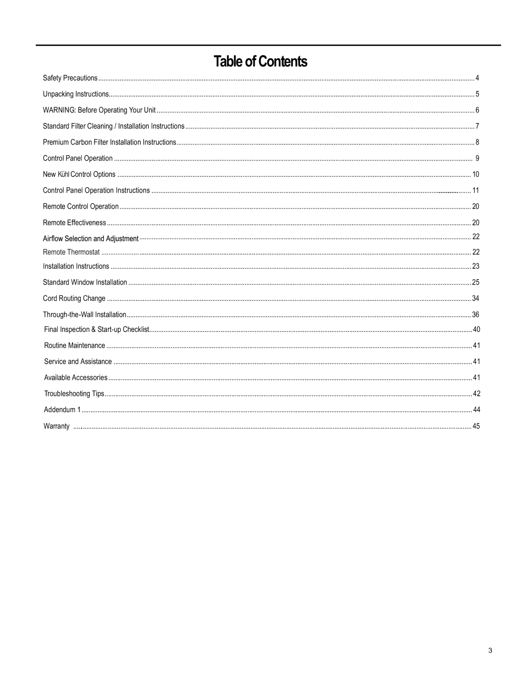 Friedrich SL 22, SS15, SL 24, SM15, YS10 operation manual Table of Contents 