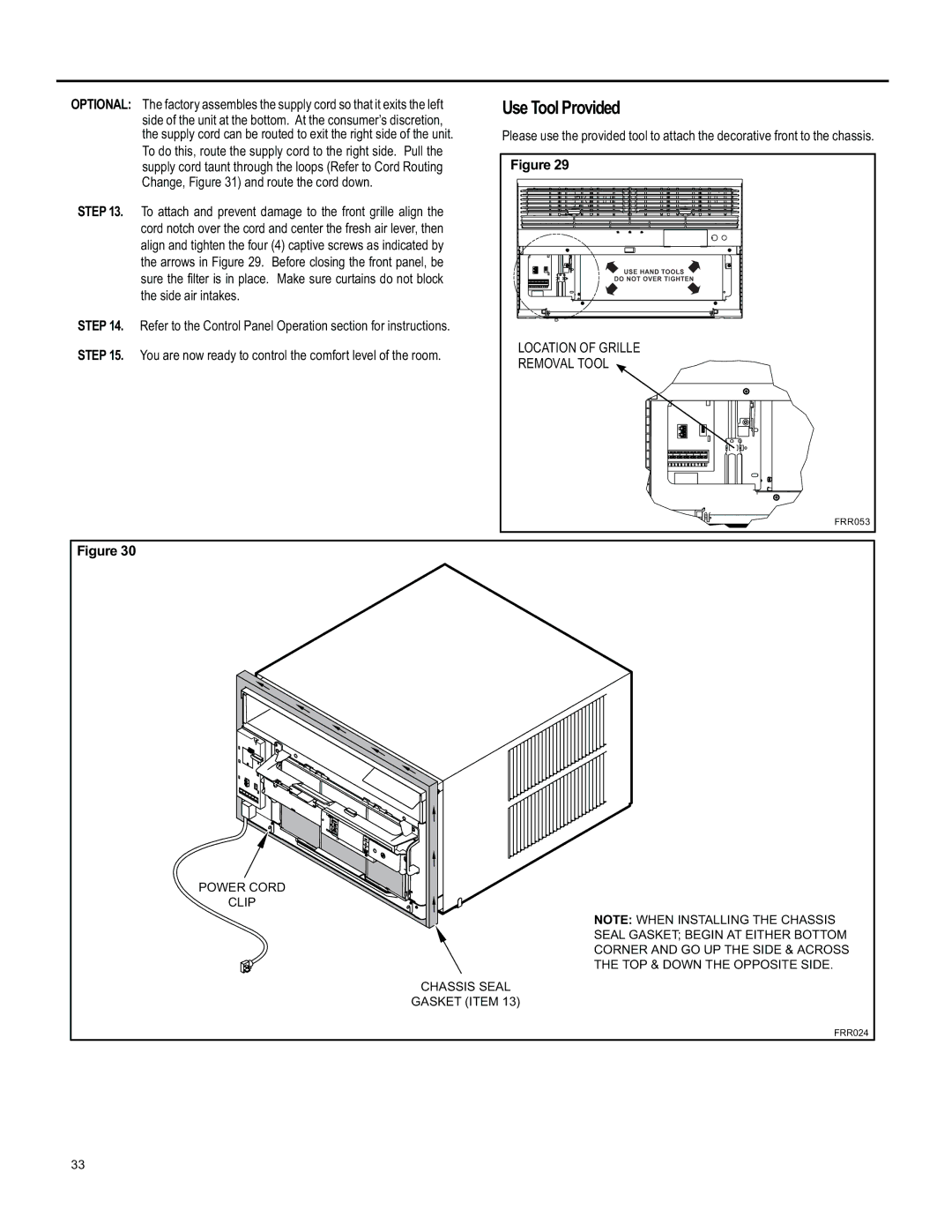 Friedrich SL 22, SS15, SL 24, SM15, YS10 operation manual Use Tool Provided, Location of Grille Removal Tool 