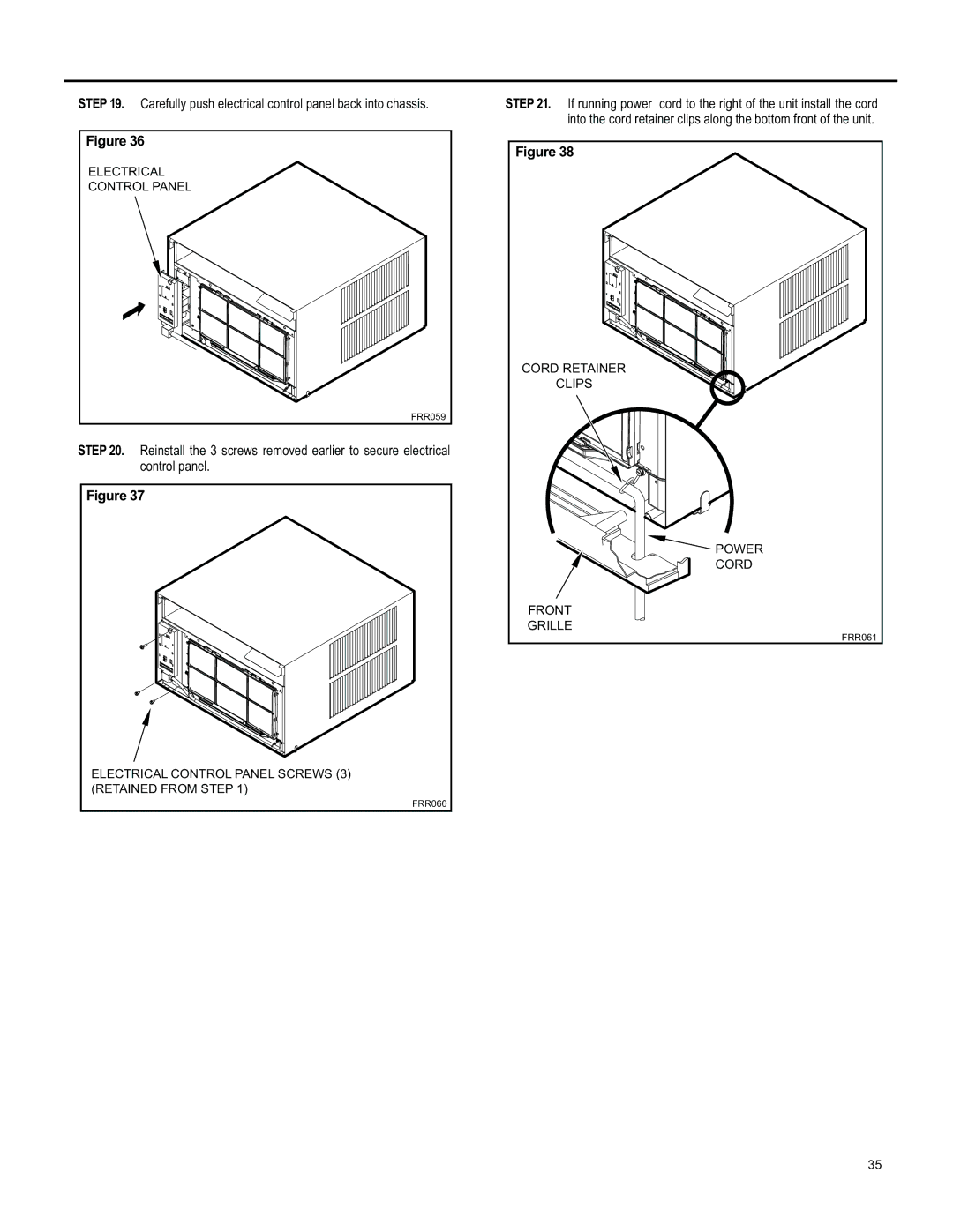 Friedrich SS15, SL 24, SM15, SL 22, YS10 operation manual Carefully push electrical control panel back into chassis 