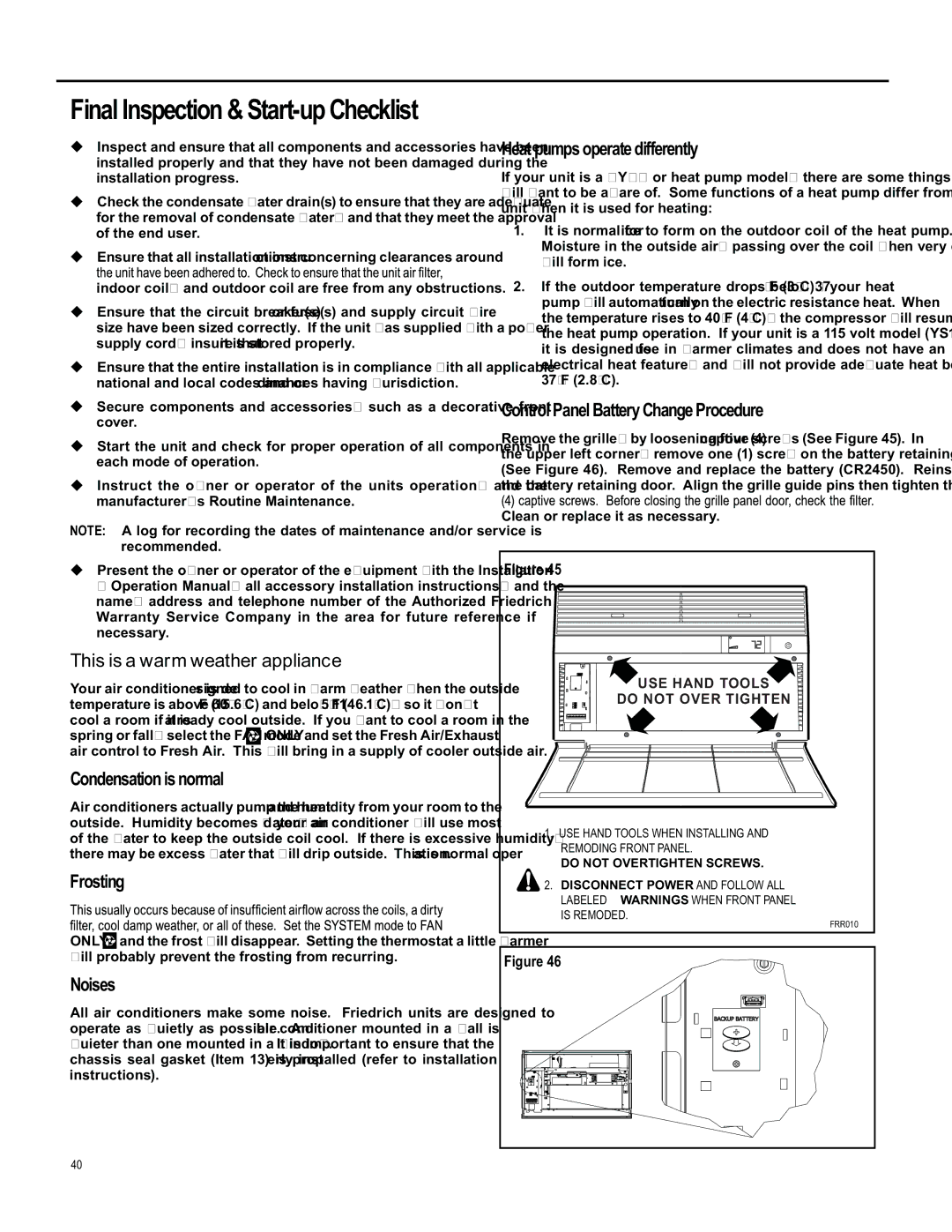 Friedrich SS15, SL 24, SM15, SL 22, YS10 operation manual Final Inspection & Start-up Checklist 