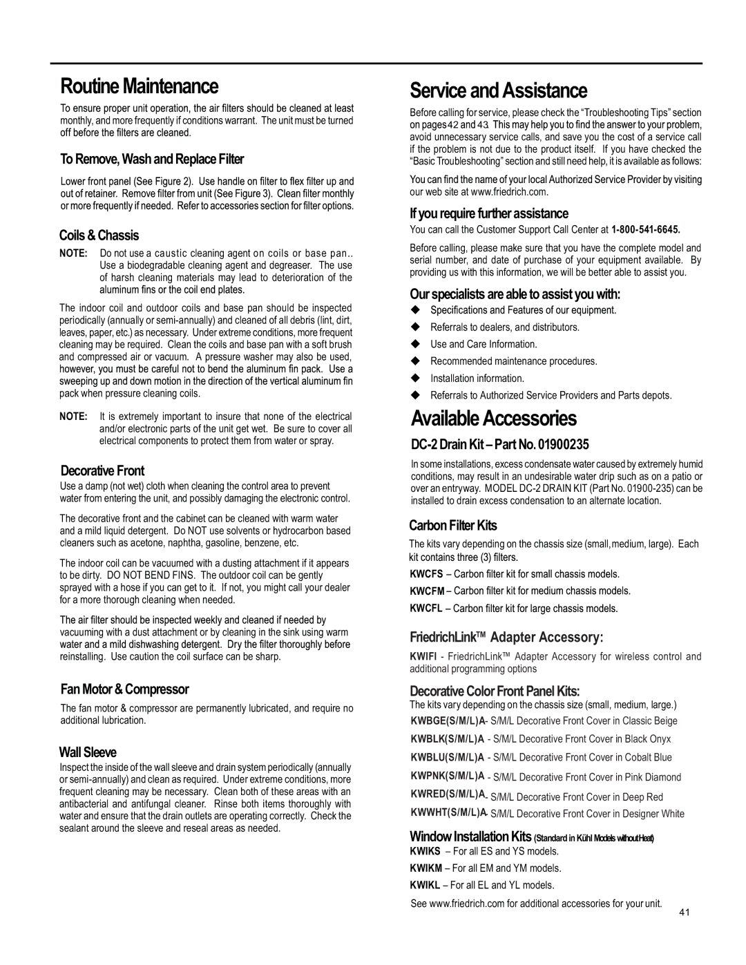 Friedrich SL 24, SS15, SM15, SL 22, YS10 operation manual Routine Maintenance, Service and Assistance, Available Accessories 