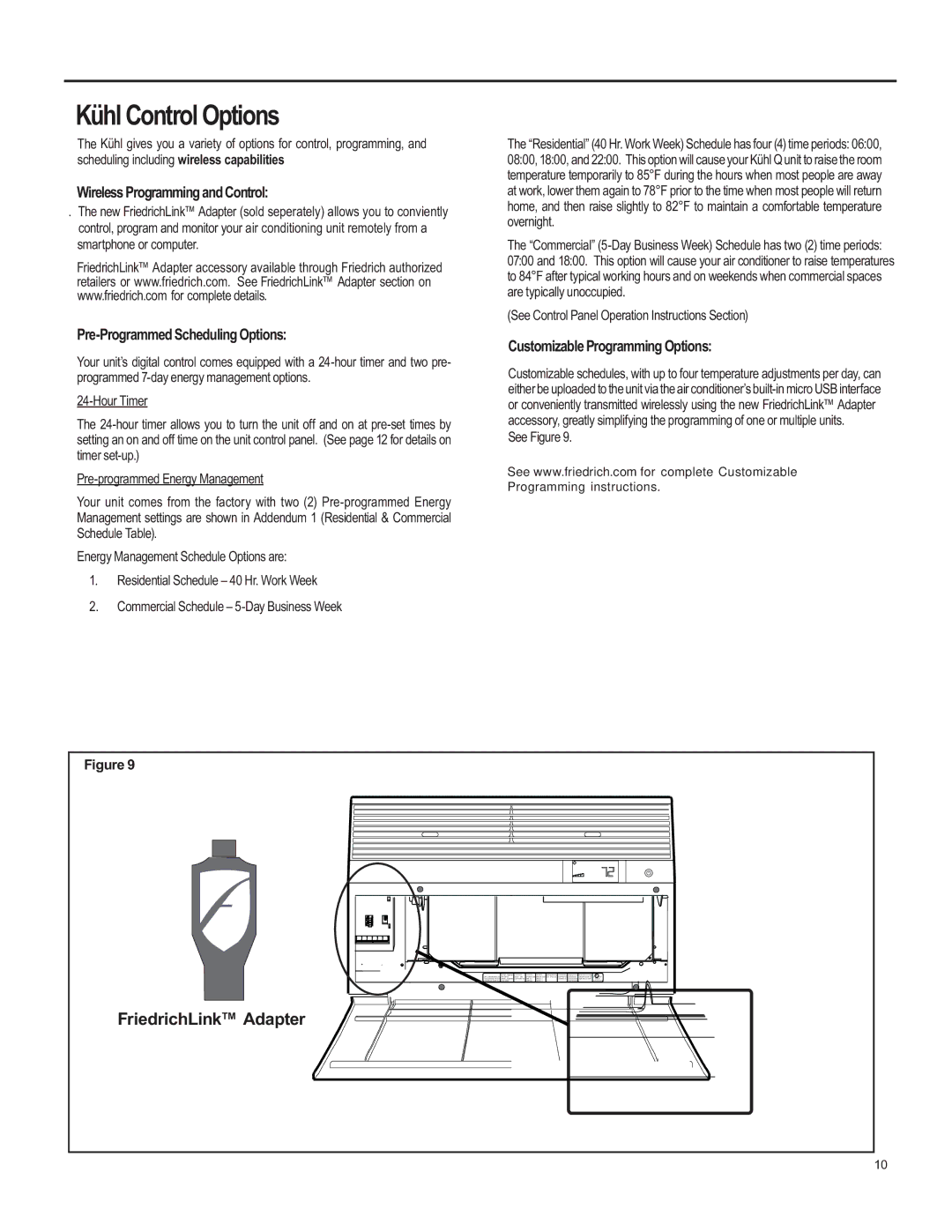 Friedrich E M18 YM18, SS15, SL 24, SM24 SL 22, SM15 SS12, YL24, YS12, EM24, E S12, E S15, EL 36 operation manual Kühl Control Options 