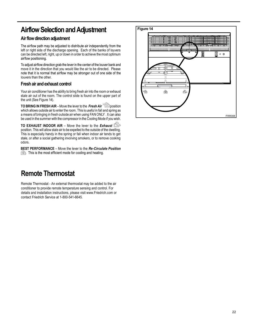 Friedrich E M18 YM18, SS15, SL 24, YL24 Airflow Selection and Adjustment, Remote Thermostat, Air flow direction adjustment 