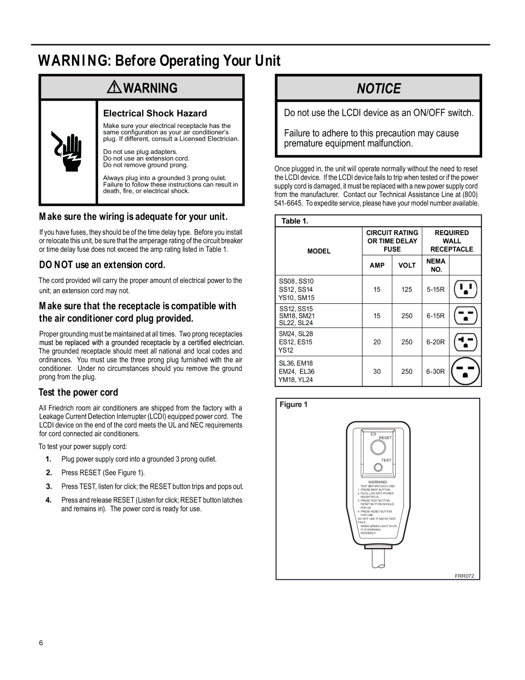 Friedrich EM24 ARN I N G Before Operating Your Unit, Ake sure the wiring is adequate for your unit, Test the power cord 