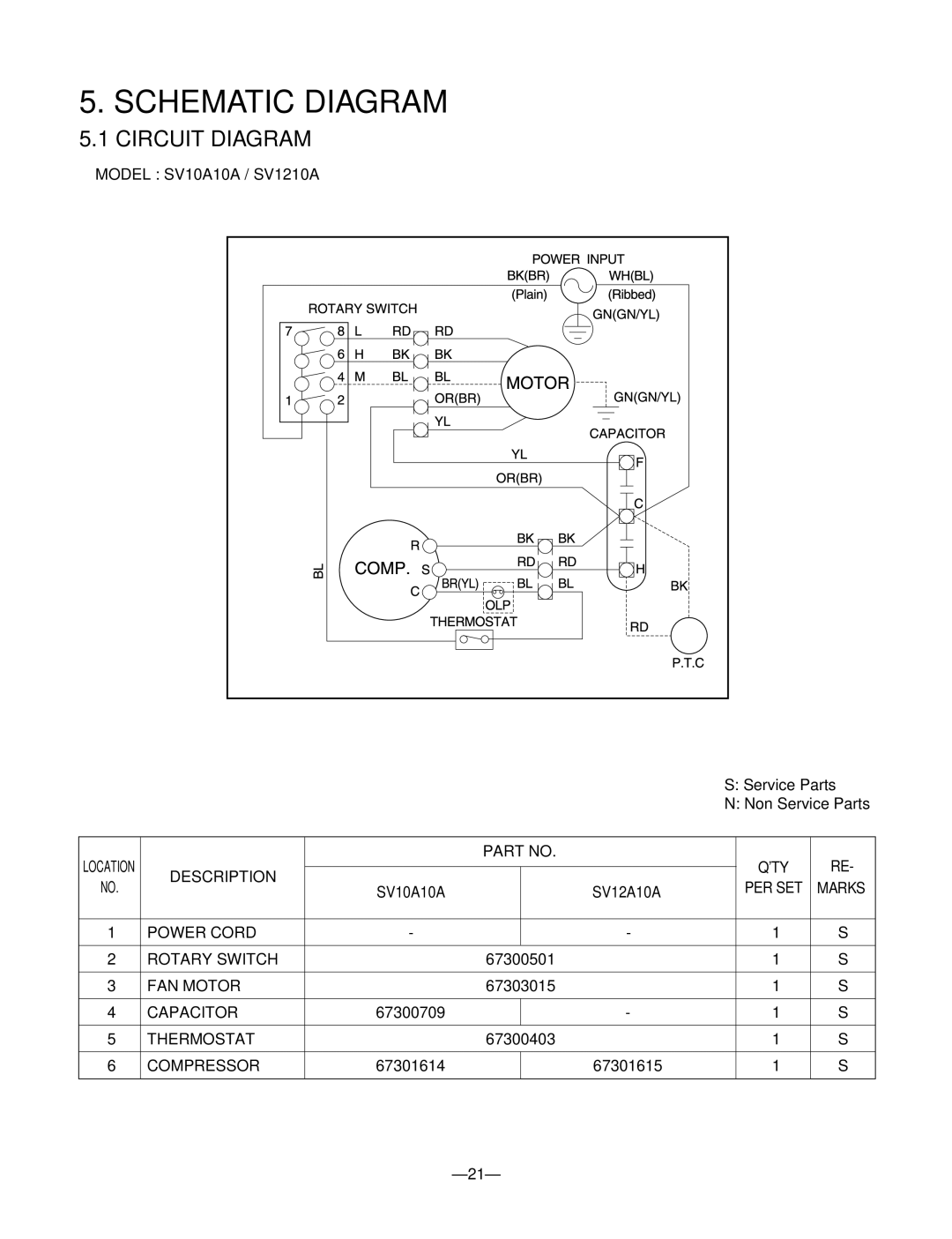 Friedrich SV10, SV08, SV12 manual Schematic Diagram, Circuit Diagram, QTY Description, Per Set 