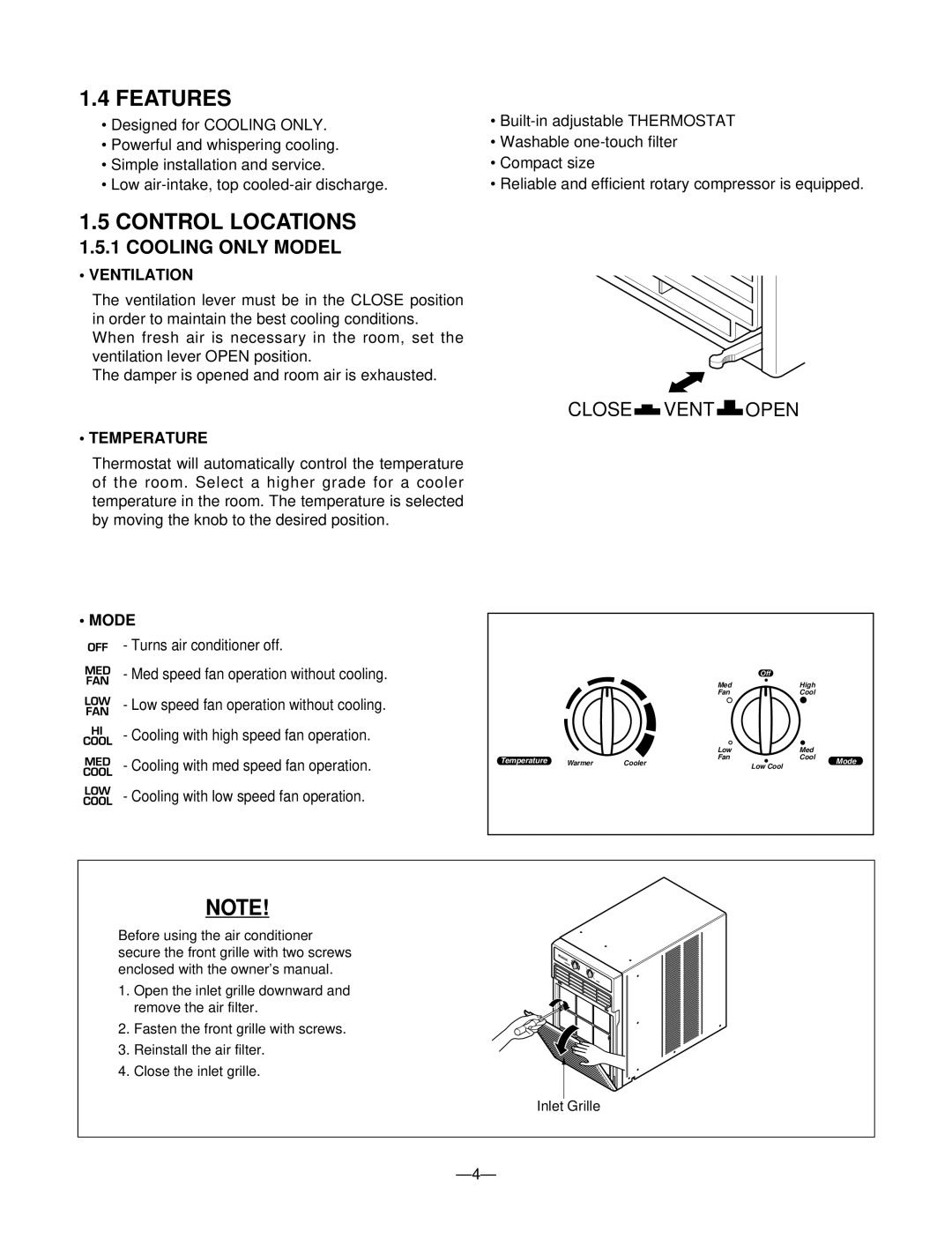 Friedrich SV08, SV10, SV12 manual Features, Control Locations, Cooling only Model 