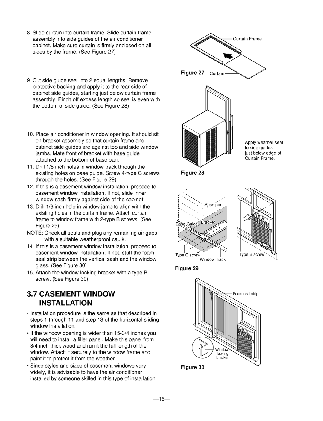 Friedrich SV12A10, SV10A10, SV08A10 manual Casement Window Installation, Curtain 