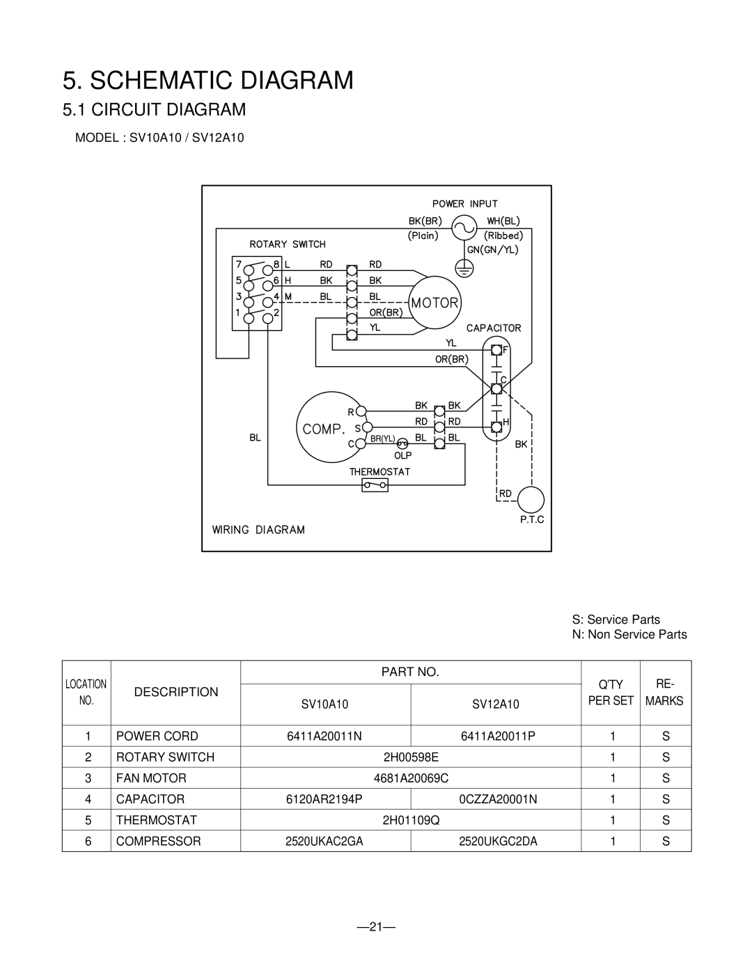 Friedrich SV12A10, SV10A10, SV08A10 manual Schematic Diagram, Circuit Diagram, QTY Description, Per Set 