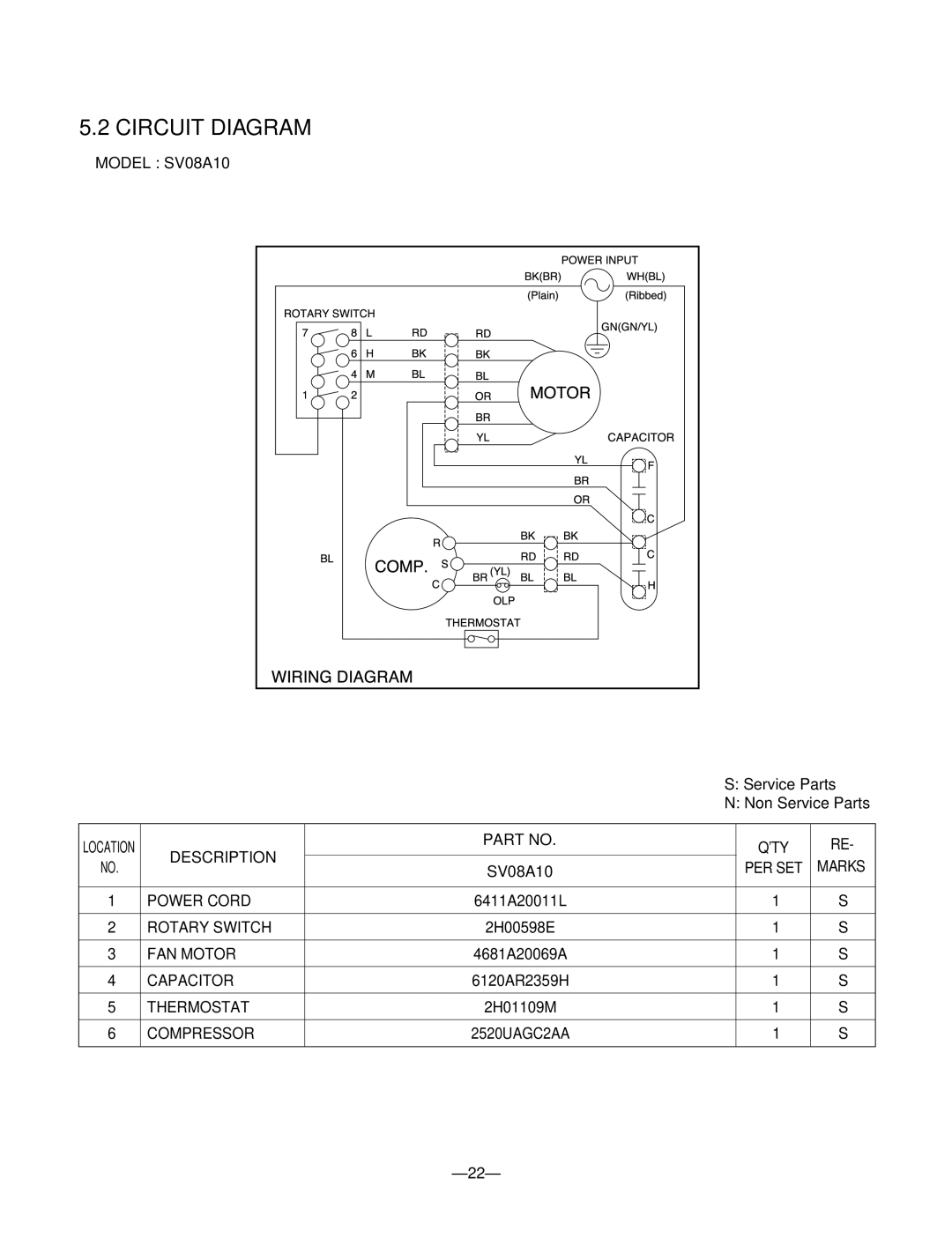 Friedrich SV10A10, SV12A10, SV08A10 manual Description QTY, PER SET Marks 