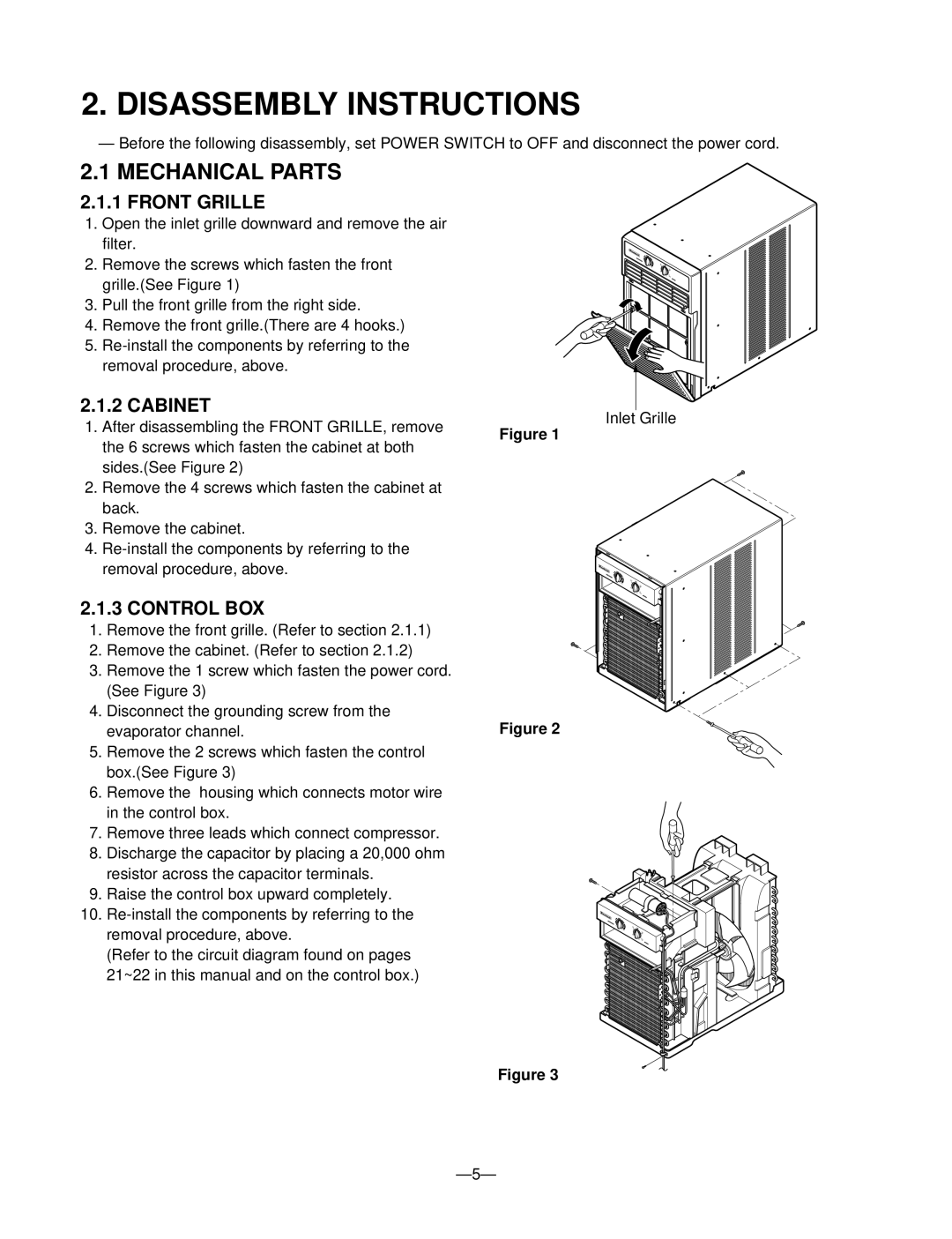 Friedrich SV08A10, SV12A10, SV10A10 manual Disassembly Instructions, Mechanical Parts, Front Grille, Cabinet, Control BOX 