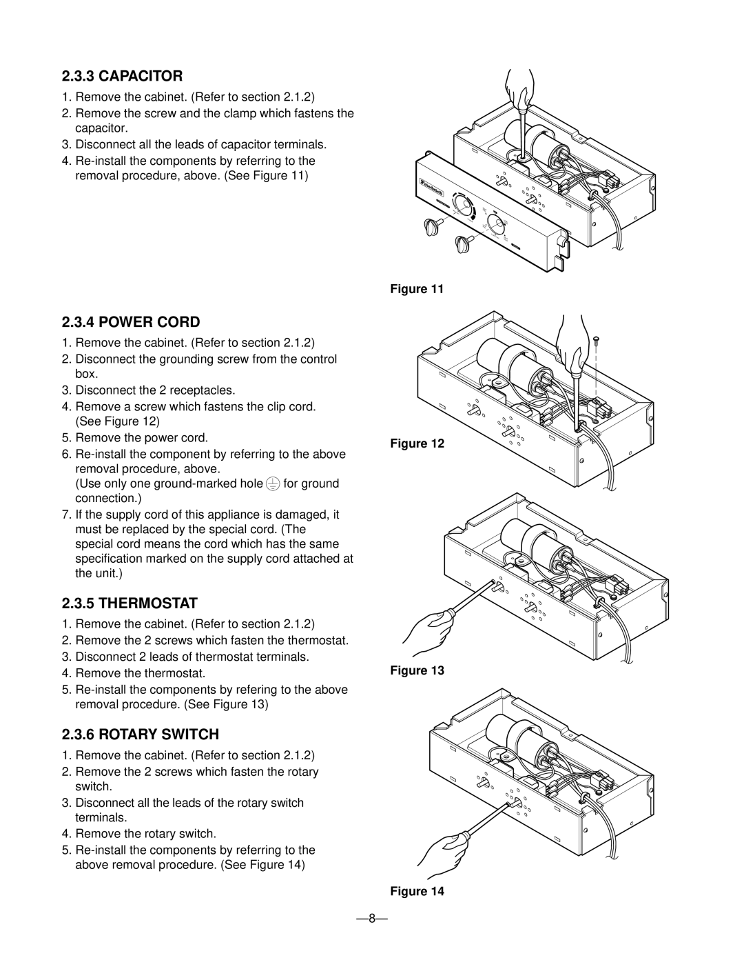 Friedrich SV08A10, SV12A10, SV10A10 manual Capacitor, Power Cord, Thermostat, Rotary Switch 