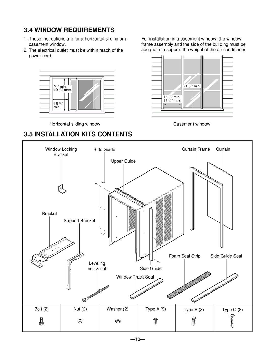 Friedrich SV10A10, SV12A10, SV08A10 manual Window Requirements, Installation Kits Contents 