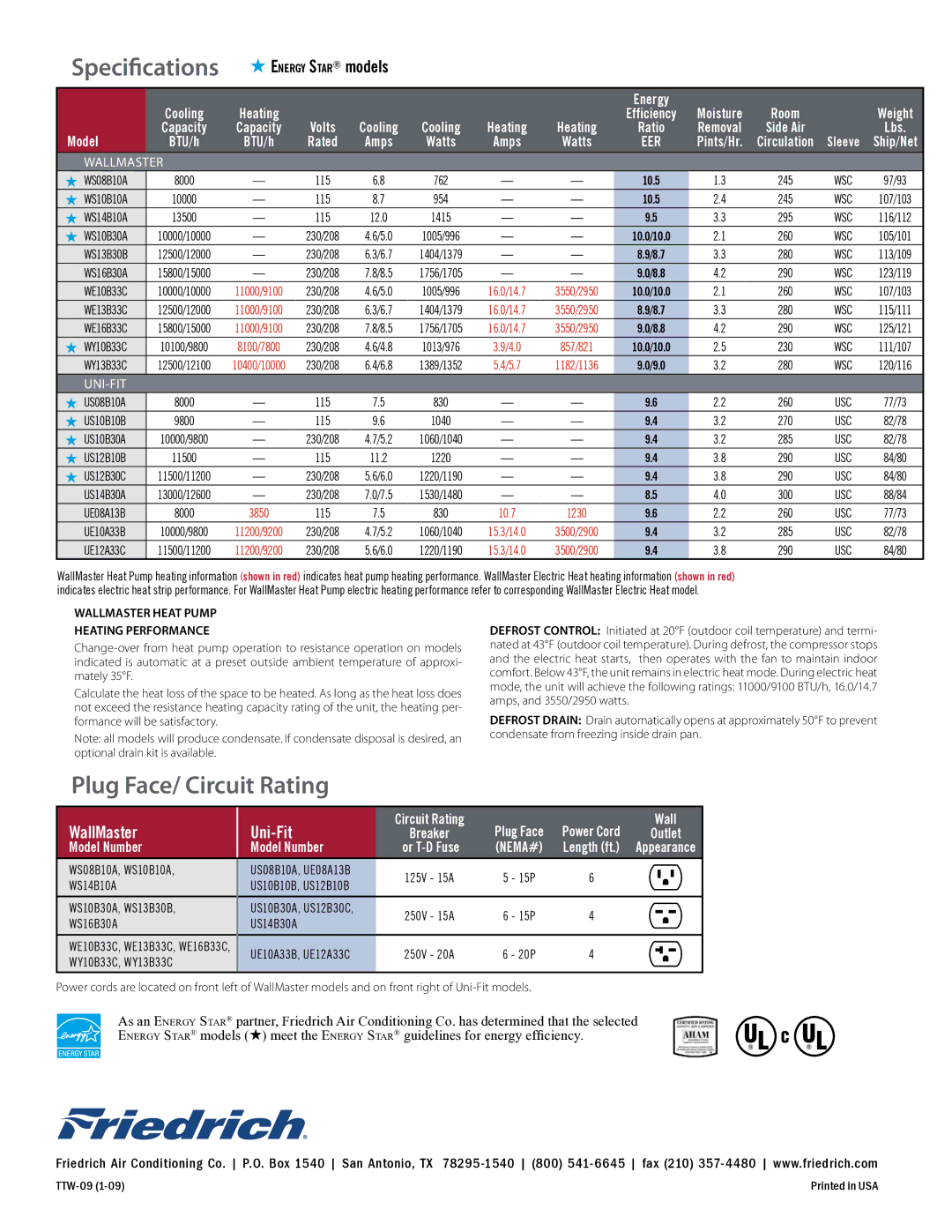 Friedrich Thru-the-Wall Air Conditioners WS13B30B, WS16B30A, WE10B33C, WE13B33C, WE16B33C, WY13B33C, US14B30A, UE08A13B 