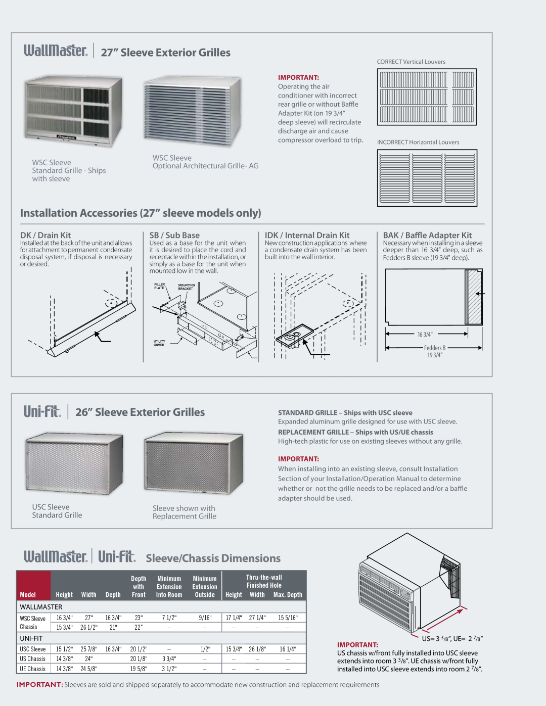 Friedrich Thru-the-Wall Air Conditioners Sleeve/Chassis Dimensions, 27” Sleeve Exterior Grilles, DK / Drain Kit, 16 3/4 
