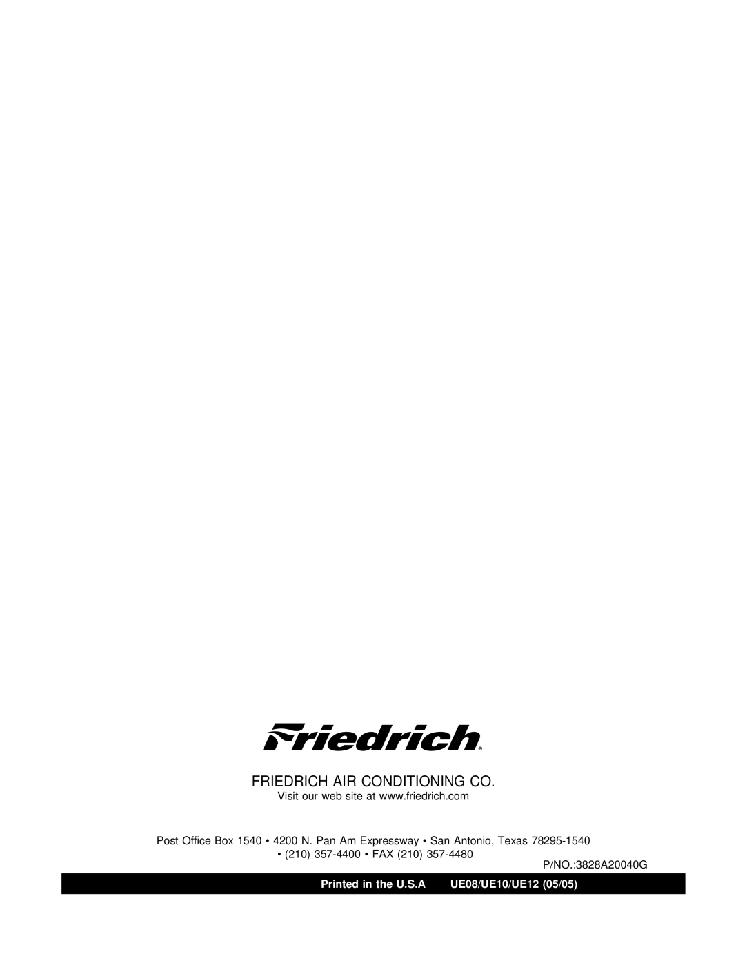 Friedrich 115 Volts UE08, UE08, UE10, UE12 manual Friedrich AIR Conditioning CO 