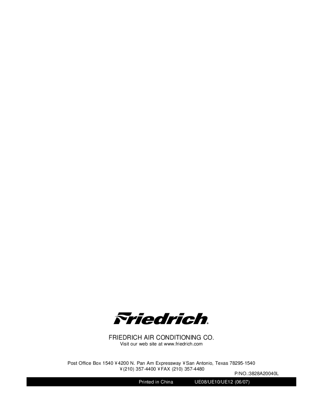 Friedrich UE08, UE12, UE10 manual Friedrich AIR Conditioning CO 