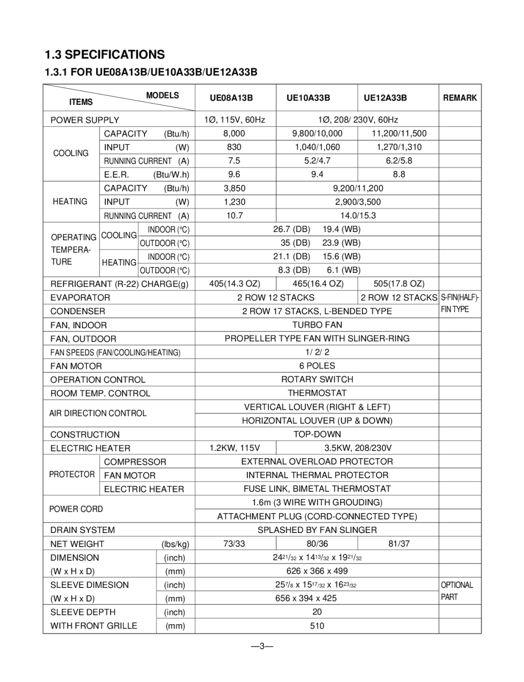 Friedrich manual Specifications, For UE08A13B/UE10A33B/UE12A33B 