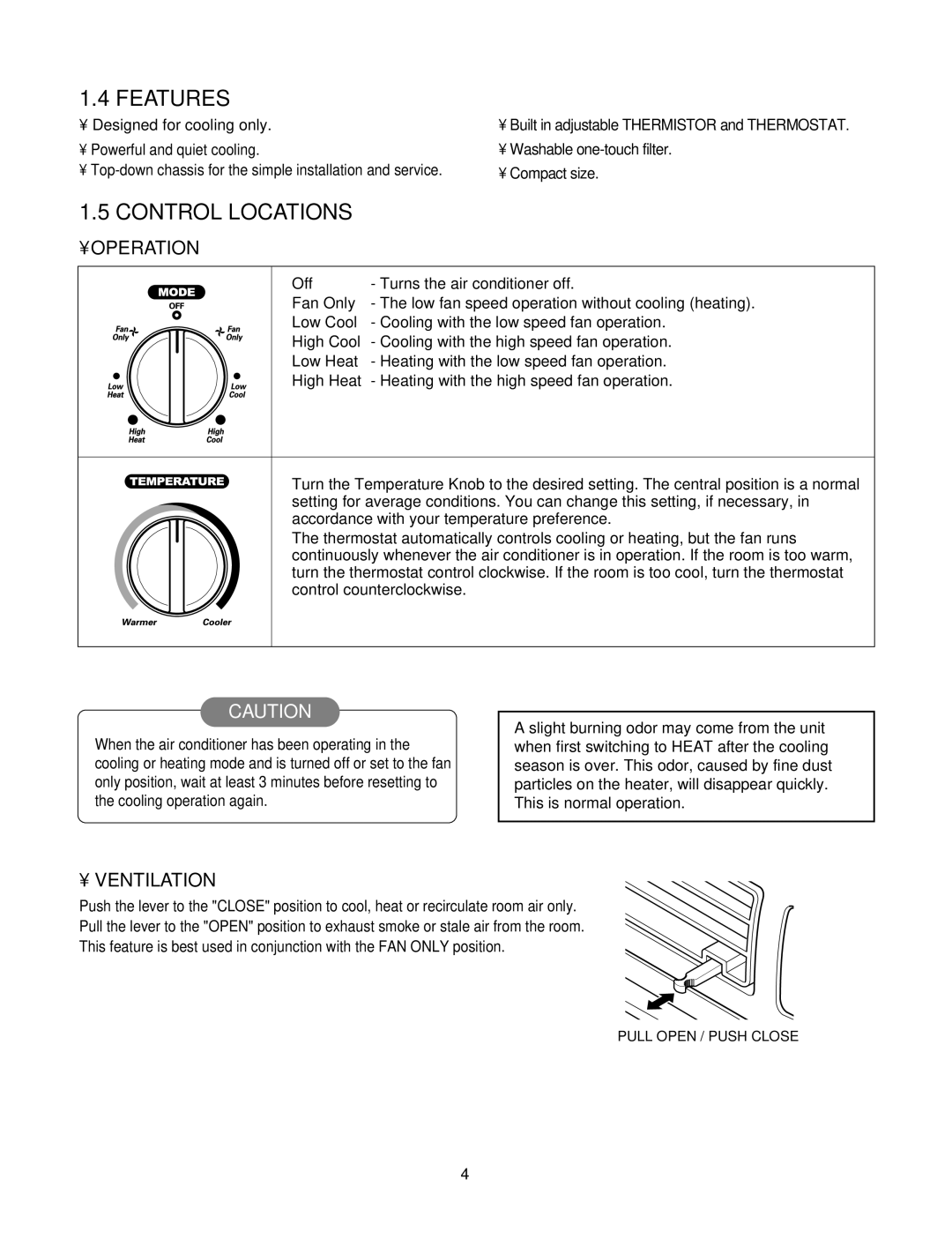 Friedrich UE10, UE12, UE08 manual Features, Control Locations, Operation, Ventilation 