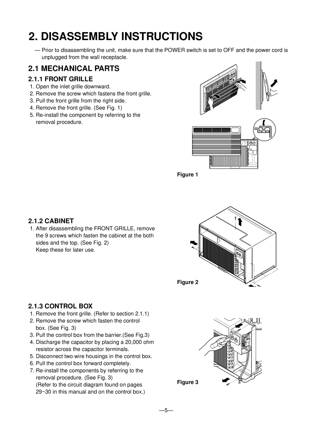 Friedrich UE08, UE12, UE10 manual Disassembly Instructions, Mechanical Parts, Front Grille, Cabinet, Control BOX 