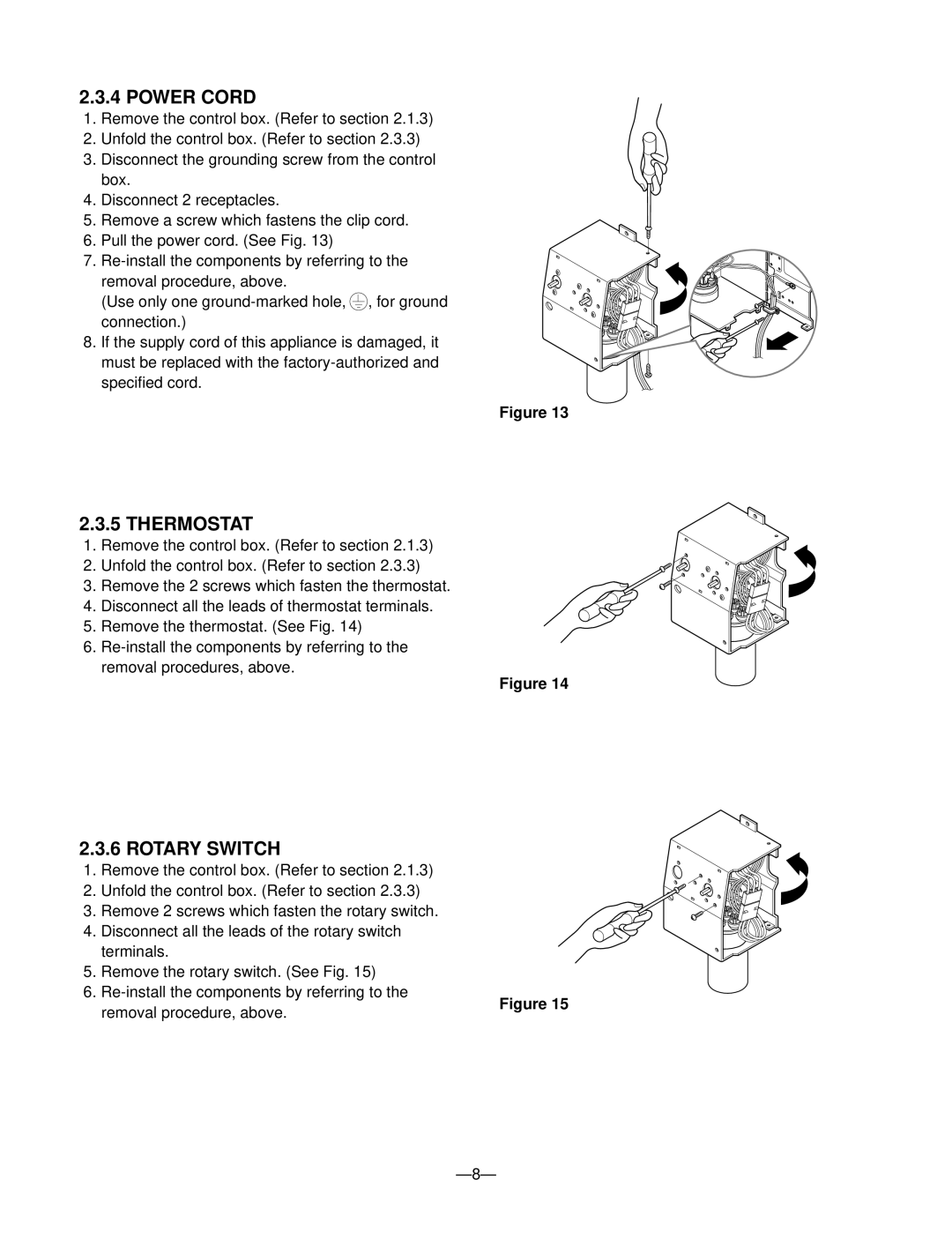 Friedrich UE08, UE12, UE10 manual Power Cord, Thermostat, Rotary Switch 