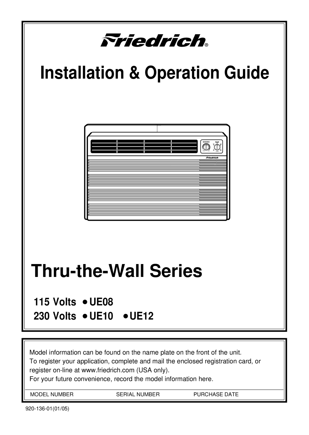 Friedrich UE10, UE12, UE08 manual Installation & Operation Guide Thru-the-Wall Series 