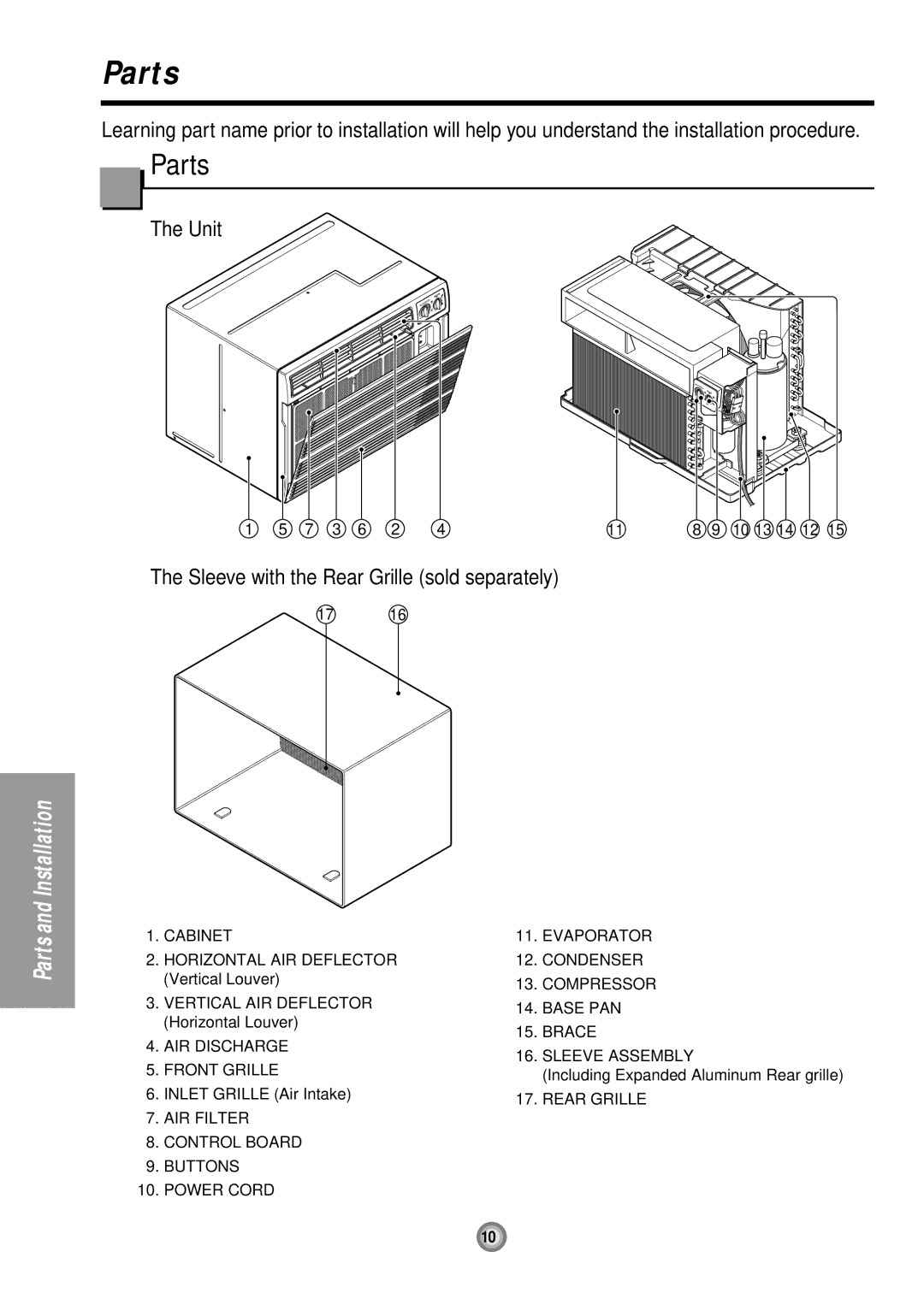 Friedrich UE10, UE12, UE08 manual Parts 