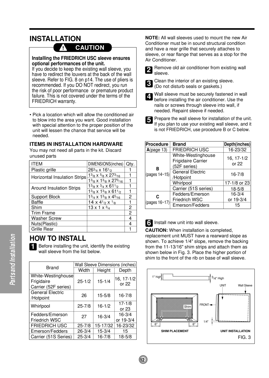 Friedrich UE12, UE10, UE08 manual Installation, HOW to Install, Procedure Brand 