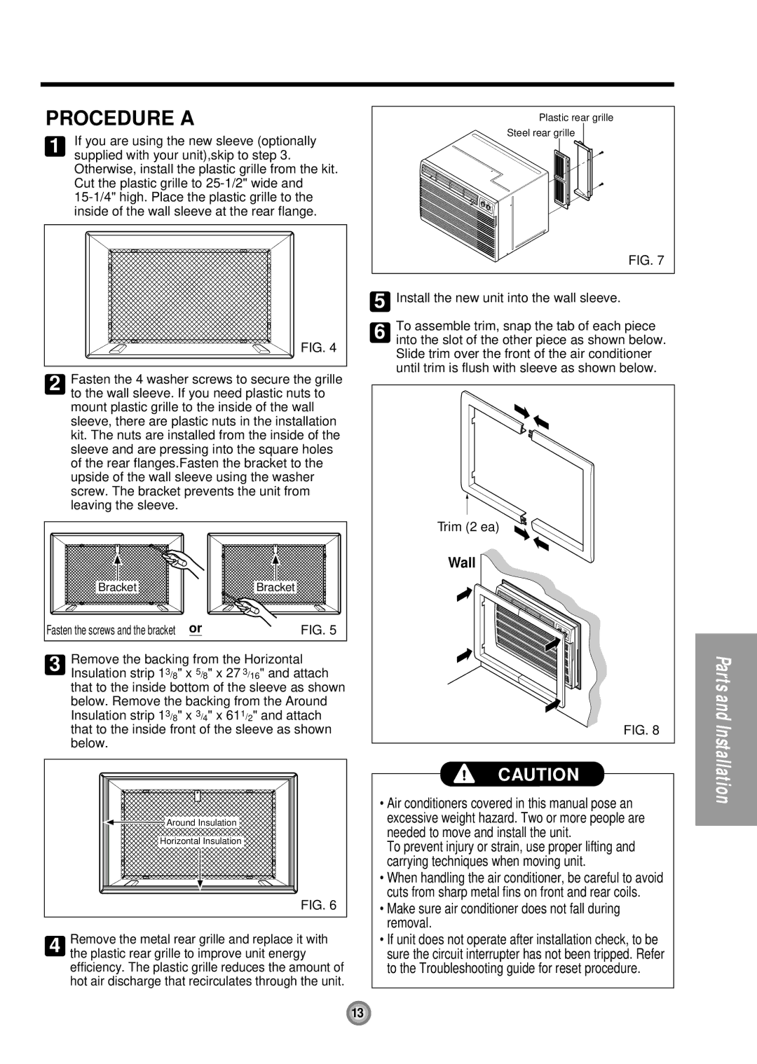 Friedrich UE10, UE12, UE08 manual Procedure a, Make sure air conditioner does not fall during removal 