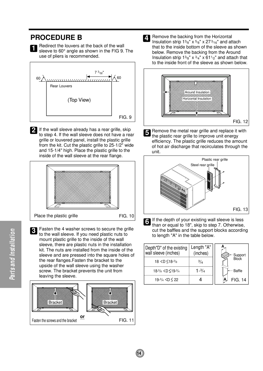 Friedrich UE08, UE12, UE10 manual Procedure B, Top View, Wall sleeve inches 