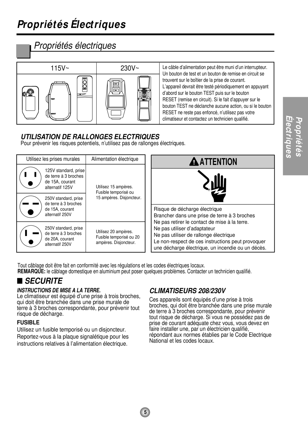 Friedrich UE10 Propriétés Électriques, Propriétés électriques, Utilisation DE Rallonges Electriques, Climatiseurs 208/230V 