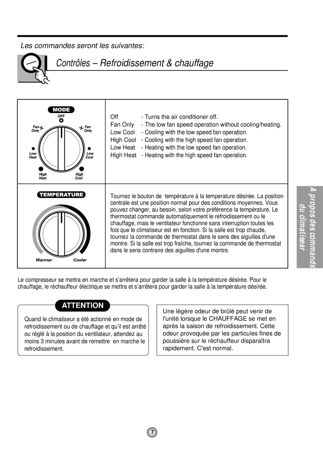 Friedrich UE12, UE10, UE08 manual Contrôles Refroidissement & chauffage, Off Turns the air conditioner off Fan Only 